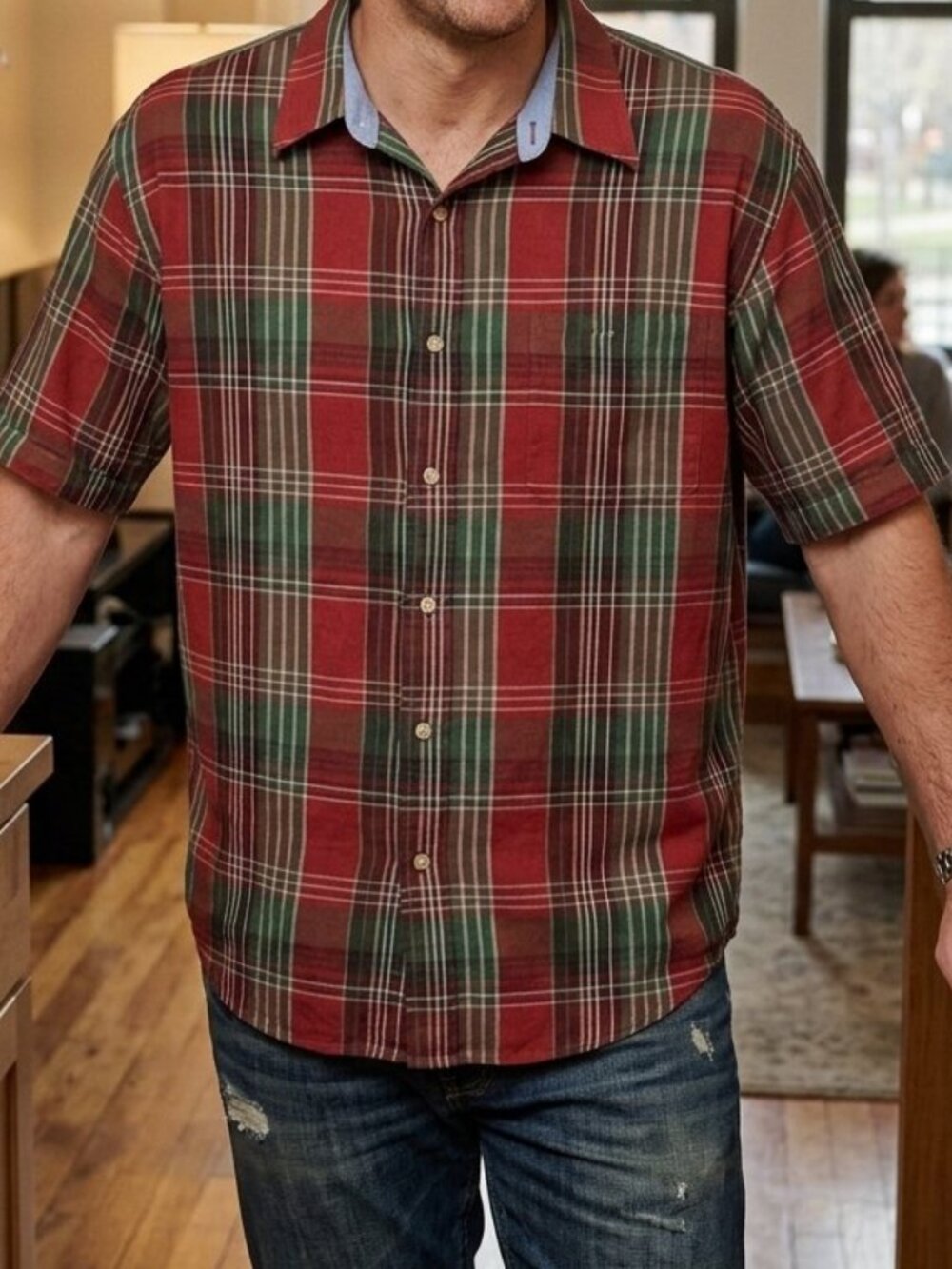 Haggar Casuals Mens Short Sleeve Button Down Red Plaid Shirt Classic Fit Size XL